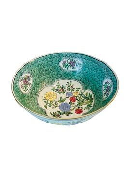 Vintage Chinese Famille Rose Porcelain Bowl Green Fish Scale Foo Dog Mark 8”